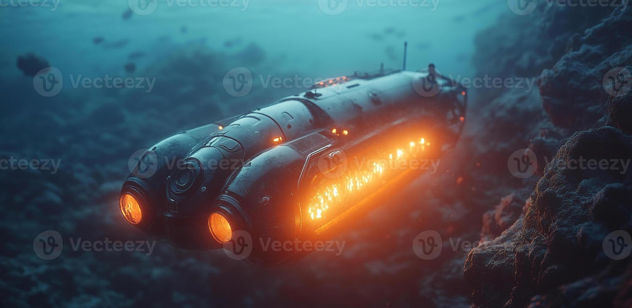 A robotic submarine navigates the dark depths of the ocean, equipped with bright lights illuminating the surrounding aquatic environment. photo