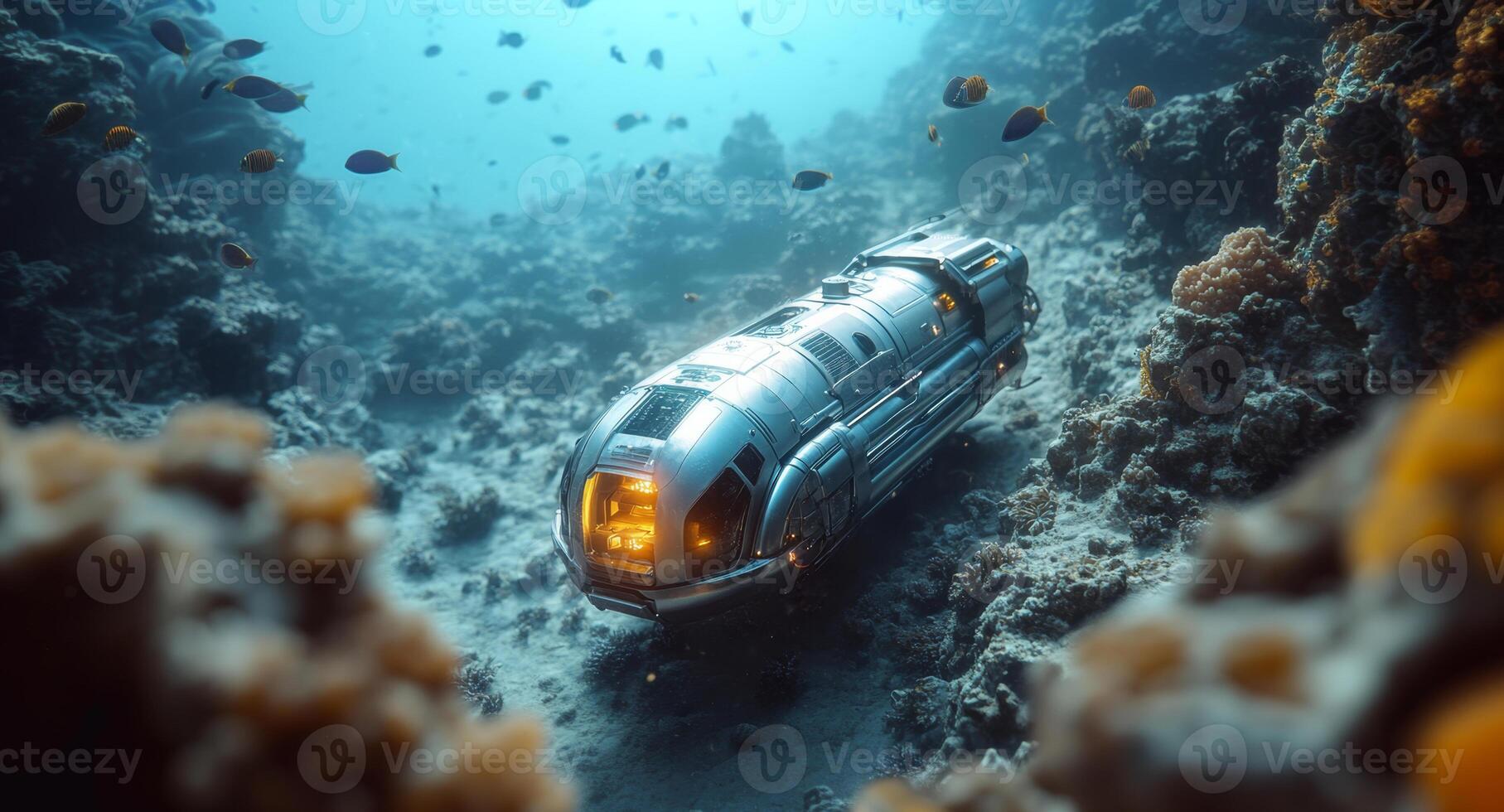Cutting-edge robotic submarine navigates deep ocean waters, exploring marine environments filled with vibrant marine life and intricate coral structures. photo