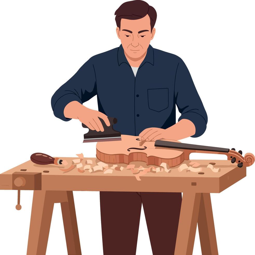 Violin Maker Crafting Wooden Violin Body on Workbench with Wood Shavings Illustration vector
