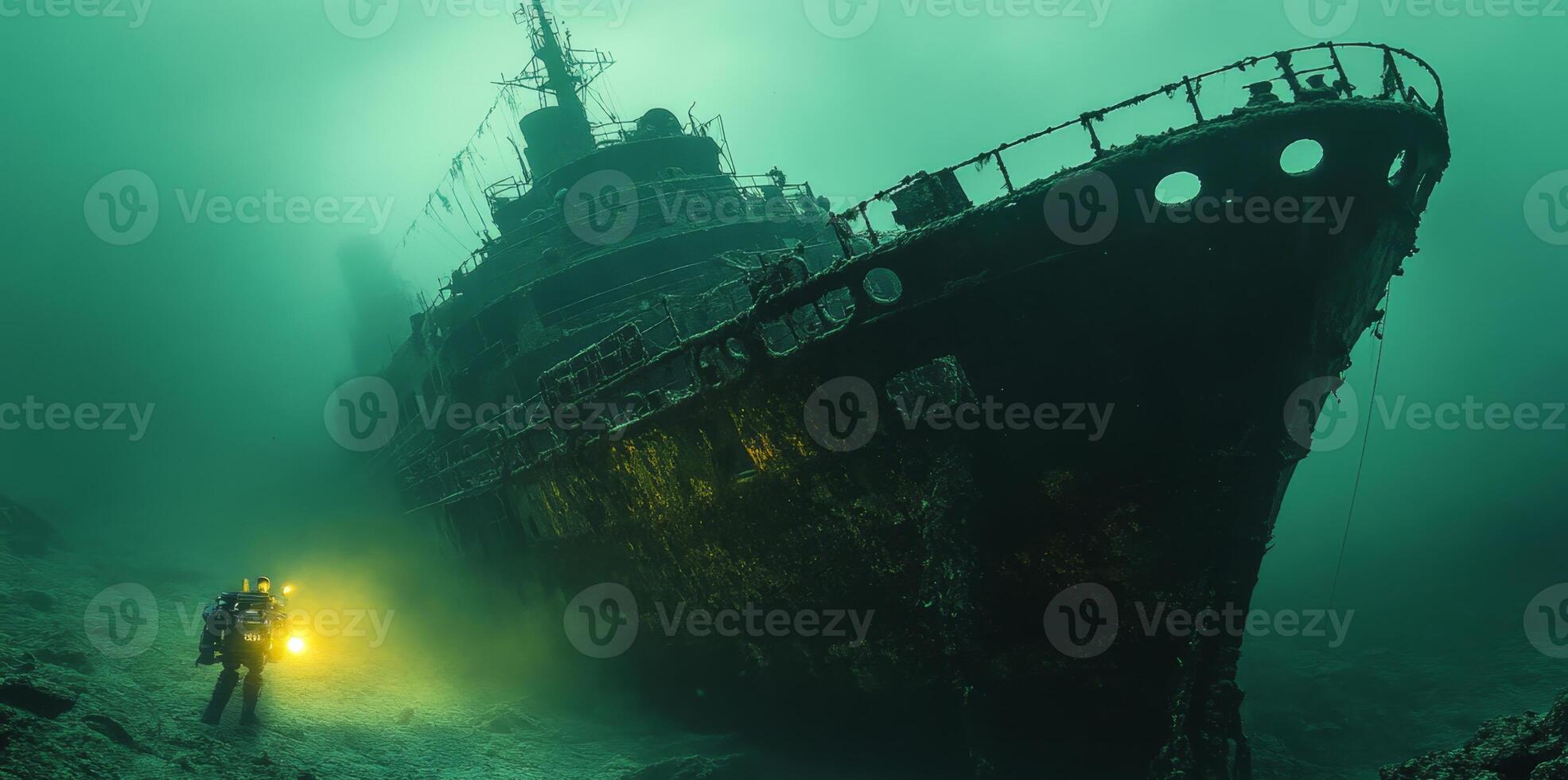 A sophisticated diving robot investigates a mysterious shipwreck lying at the ocean's depth. The underwater explorer emits a bright light, illuminating the rusted remains of the vessel. photo