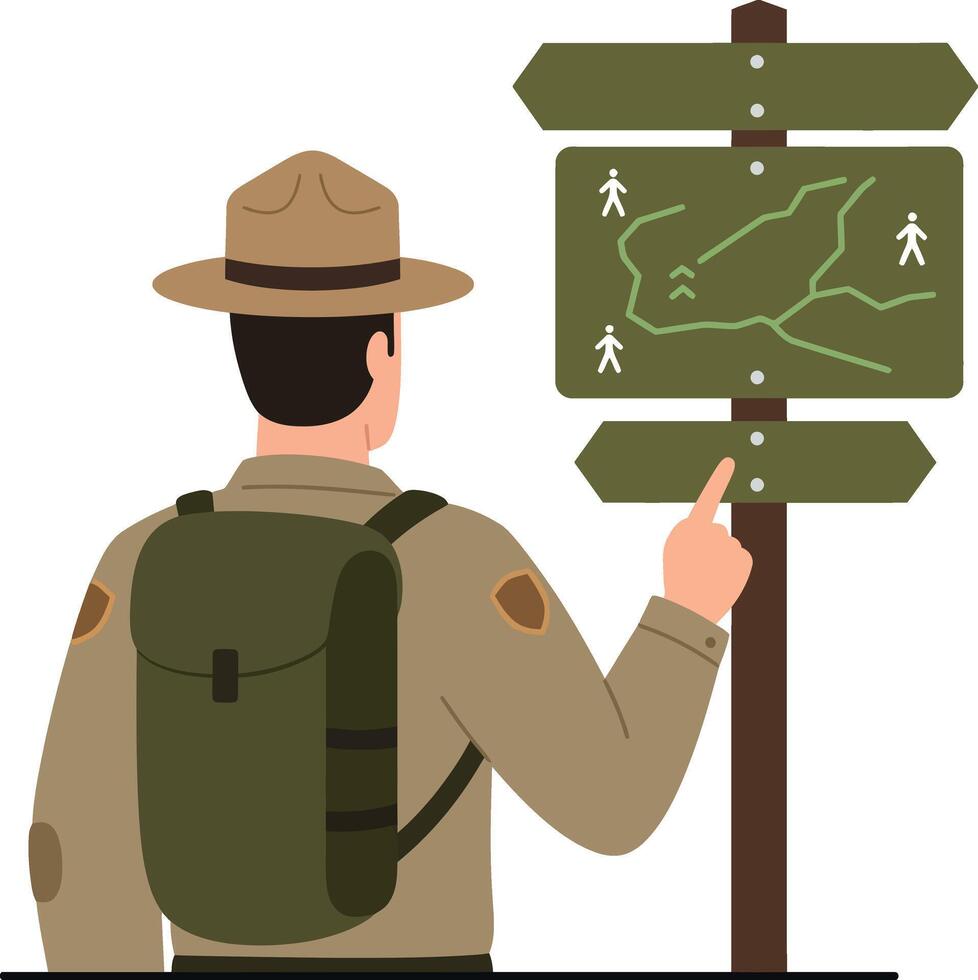 Park ranger exploring hiking trail map with backpack and wide brim hat illustration vector