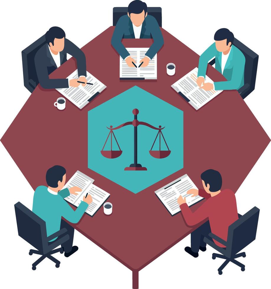 Five business professionals collaborating around a table with legal scales symbol in flat design illustration vector