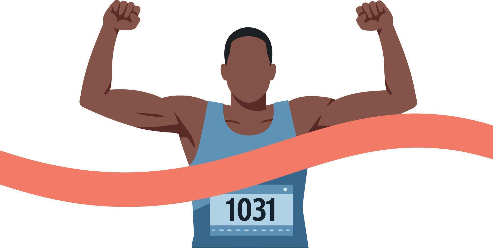 Male athlete winning marathon race crossing finish line ribbon illustration vector