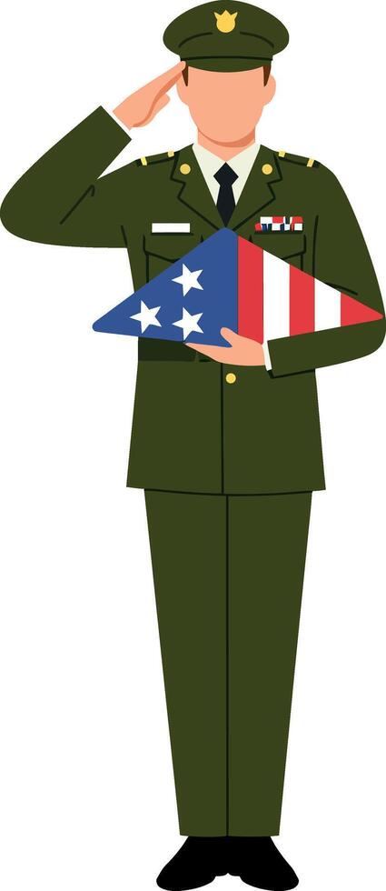 Military soldier saluting holding folded American flag illustration in uniform vector