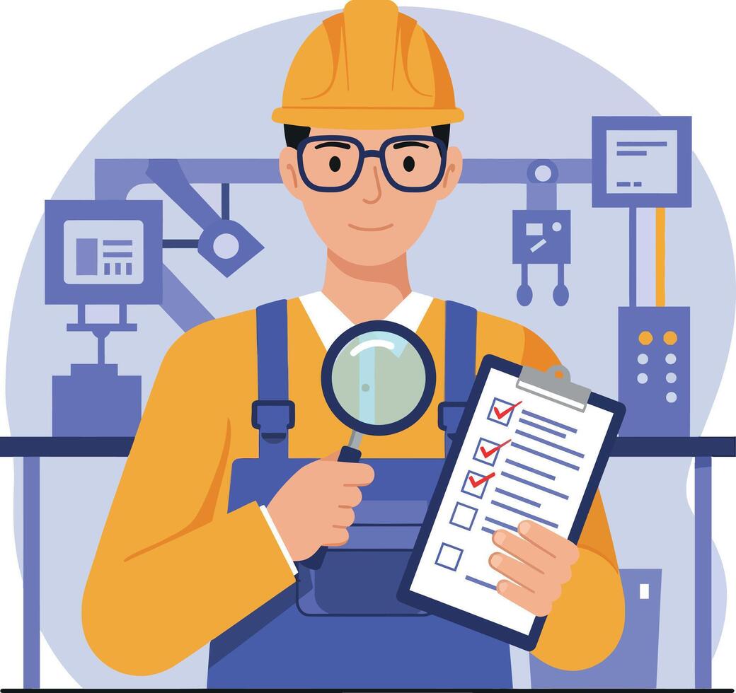 Factory worker in hard hat with magnifying glass and checklist in manufacturing setting illustration vector