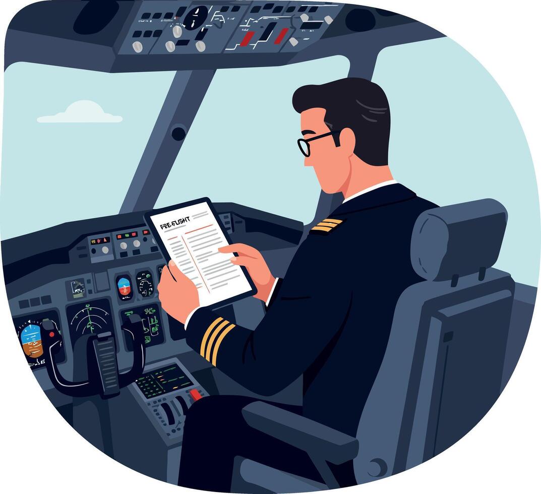 Pilot Reading Flight Plan Inside Airplane Cockpit Illustration with Modern Controls vector