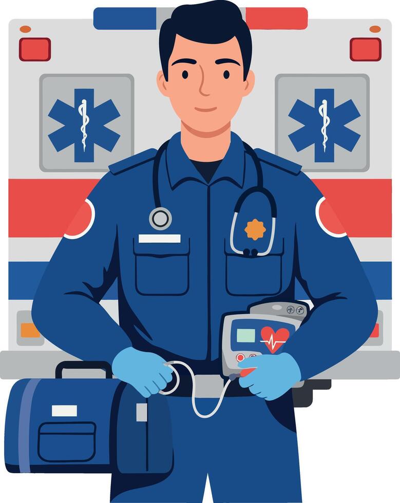 Paramedic holding defibrillator and medical bag in front of ambulance illustration vector