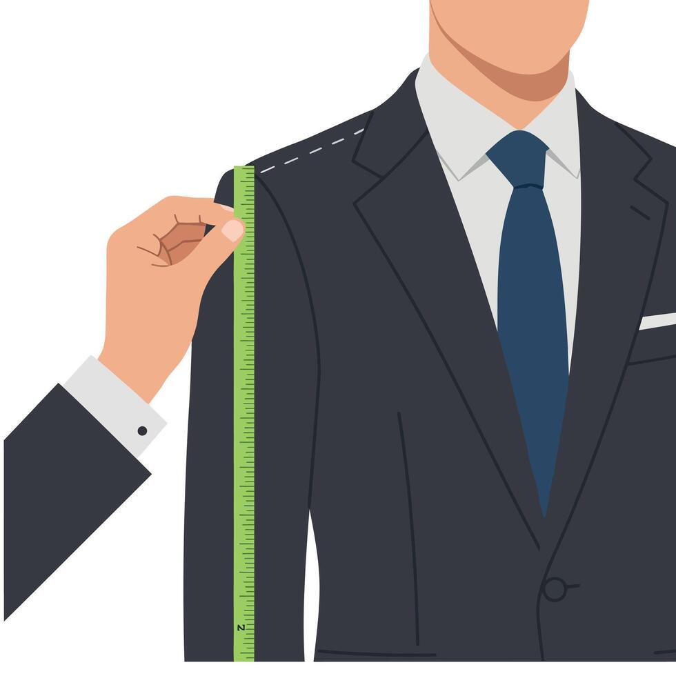 Man in black suit getting shoulder measurement with green tape for custom tailoring illustration vector