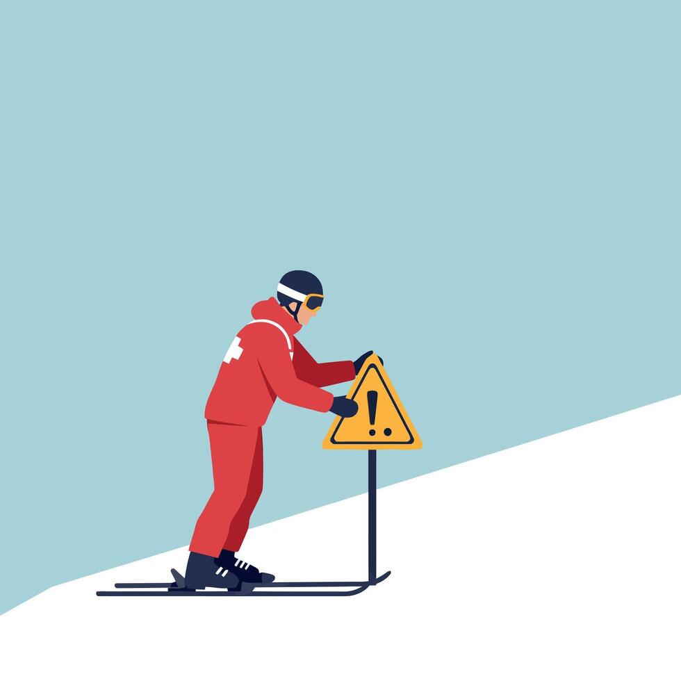 Ski patrol placing warning sign on snowy slope in cold weather outdoor scene vector