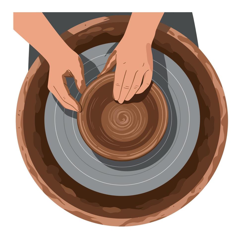 Hands shaping clay pot on pottery wheel top view illustration art vector