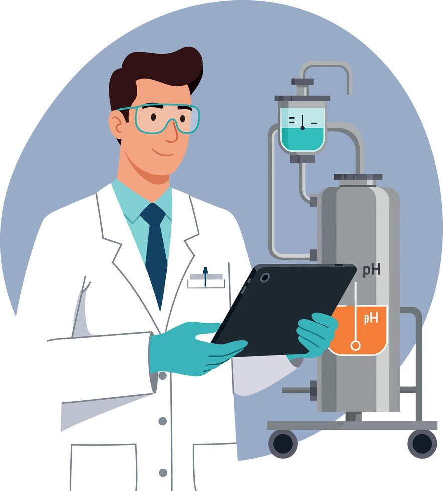Male scientist in white lab coat checking pH level on digital tablet in laboratory flat illustration vector