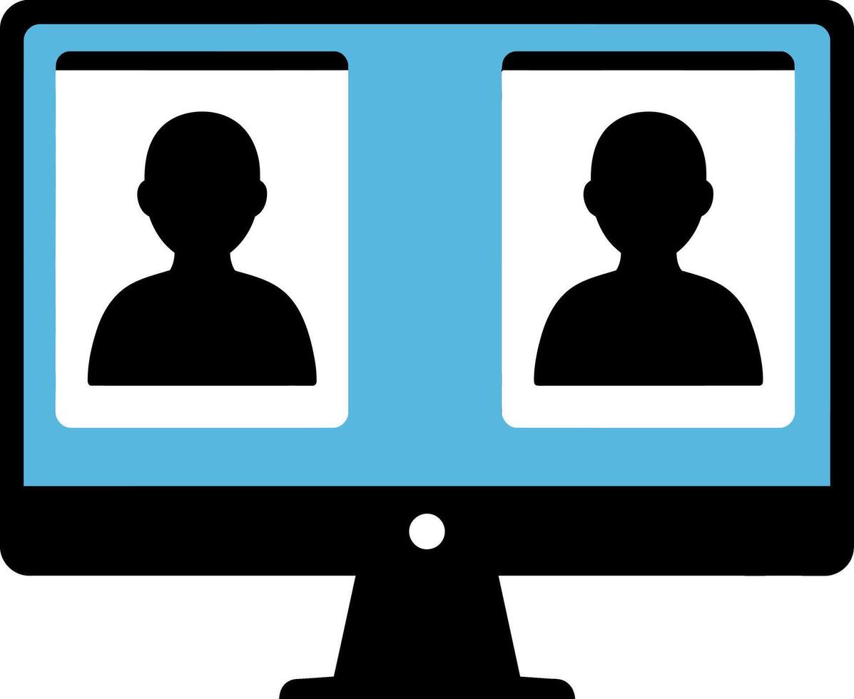 Computer monitor displaying two black silhouette profiles in flat blue and black minimal illustration vector