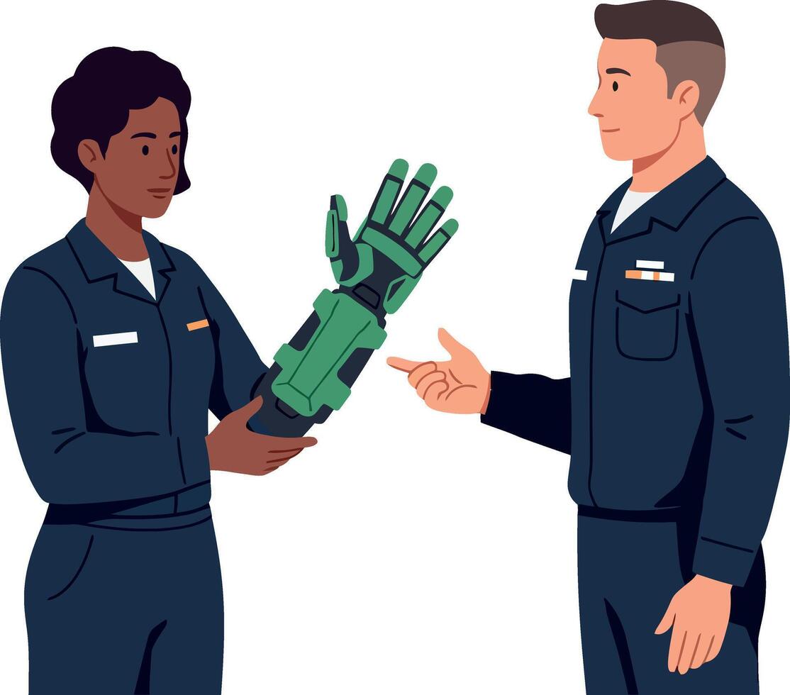 Two engineers examining green robotic hand technology flat design illustration vector