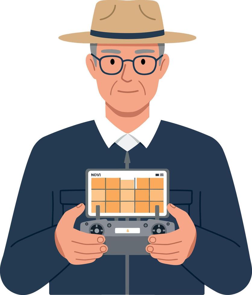 Elderly man with glasses holding game controller and tablet flat design illustration vector
