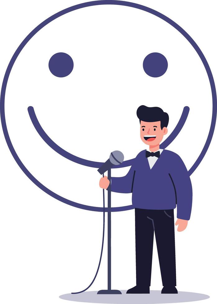 Man with microphone and large smiling face icon behind him illustration vector