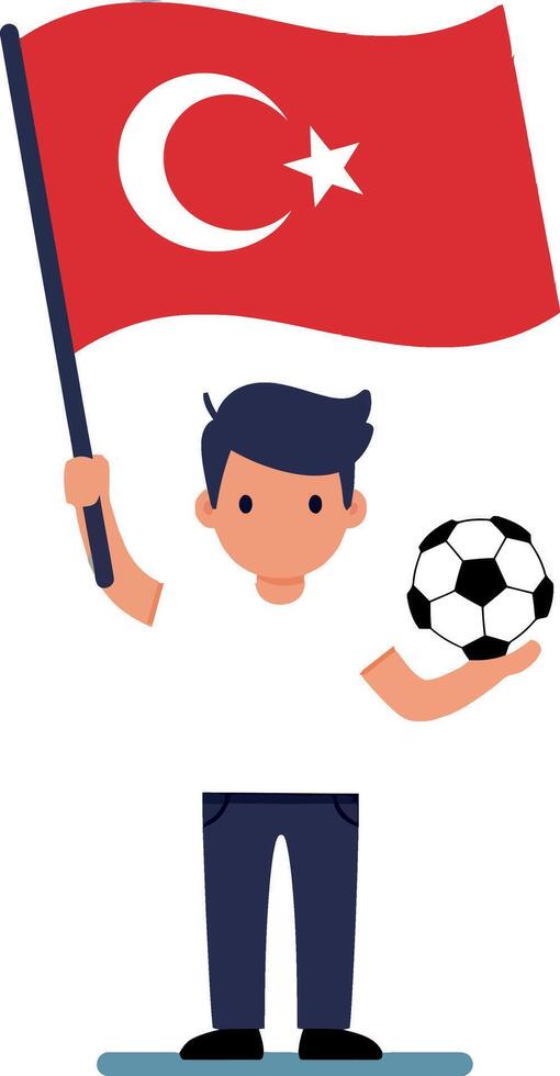 Boy holding Turkish flag and soccer ball supporter cheering illustration vector