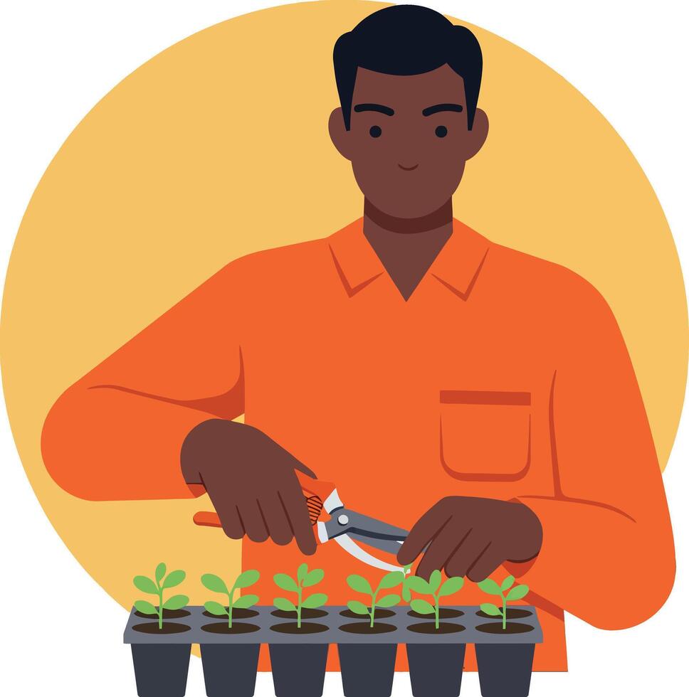 Man Pruning Small Green Plants in Black Pots with Pruning Shears in Round Yellow Background vector