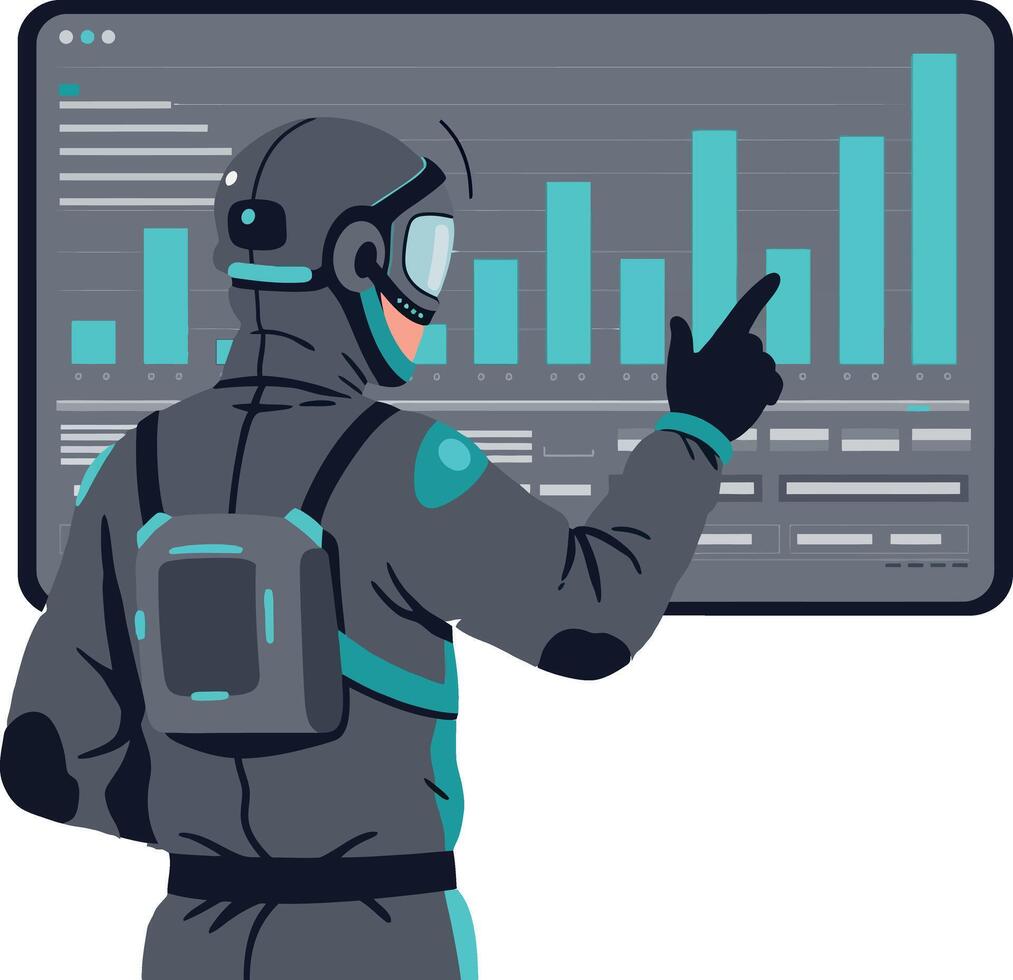 Futuristic man in helmet analyzing digital data charts in minimal flat style illustration vector