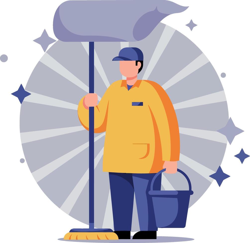 Janitor cleaning with mop and bucket illustration in uniform and cap vector