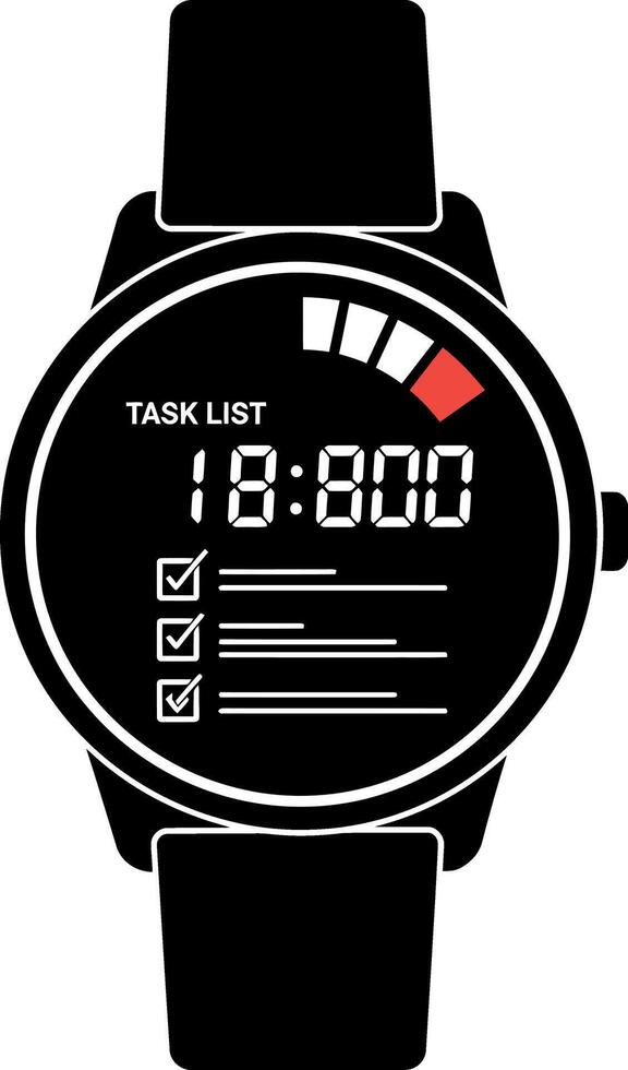 Smartwatch with digital task list and time display flat minimal black silhouette illustration vector