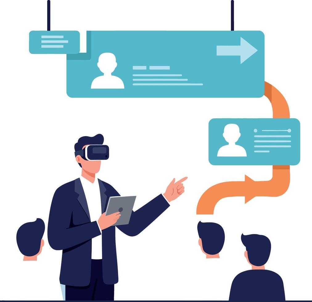 Businessman wearing virtual reality headset presenting digital interface with user profiles in flat design illustration vector