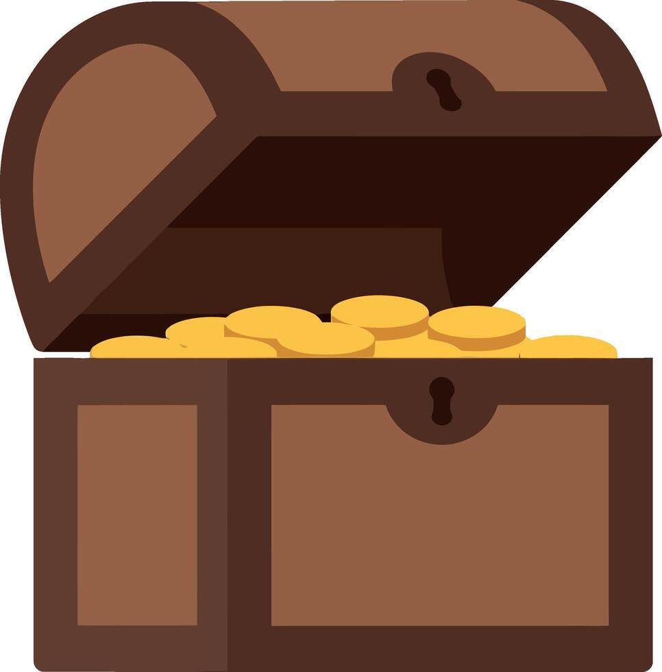 Treasure chest filled with gold coins in flat minimalist style open box illustration vector