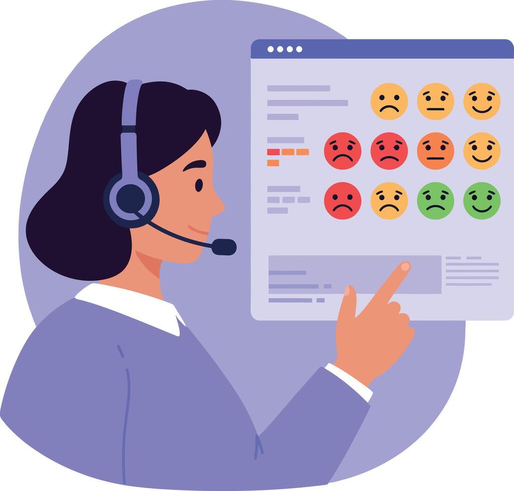 Customer service representative with headset choosing feedback emoji in flat design illustration vector