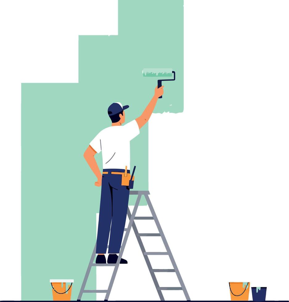 Painter using roller on wall wearing cap and tool belt in illustration vector