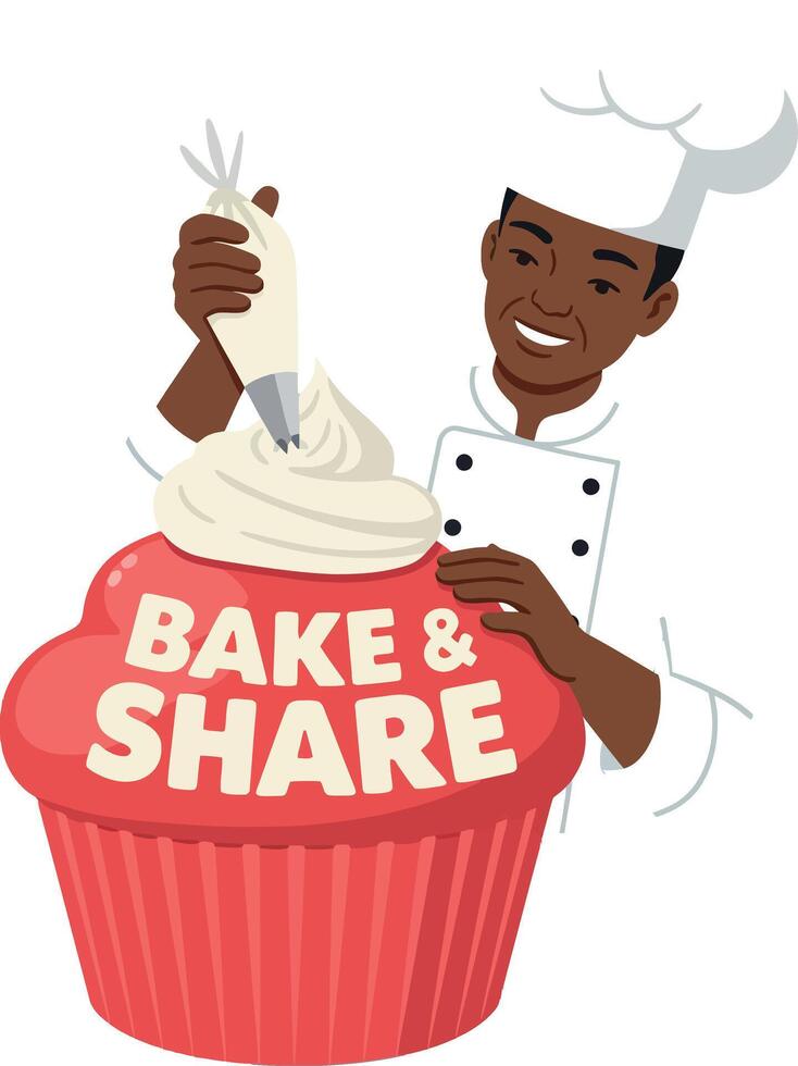 Chef decorating large red cupcake with white frosting bake and share message illustration vector