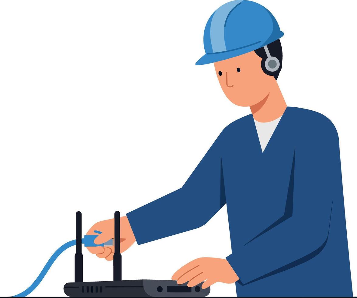 Technician connecting cables to router wearing safety helmet and headset illustration vector