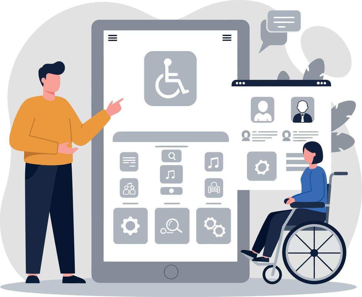 Accessibility technology concept with person in wheelchair and digital interface design vector