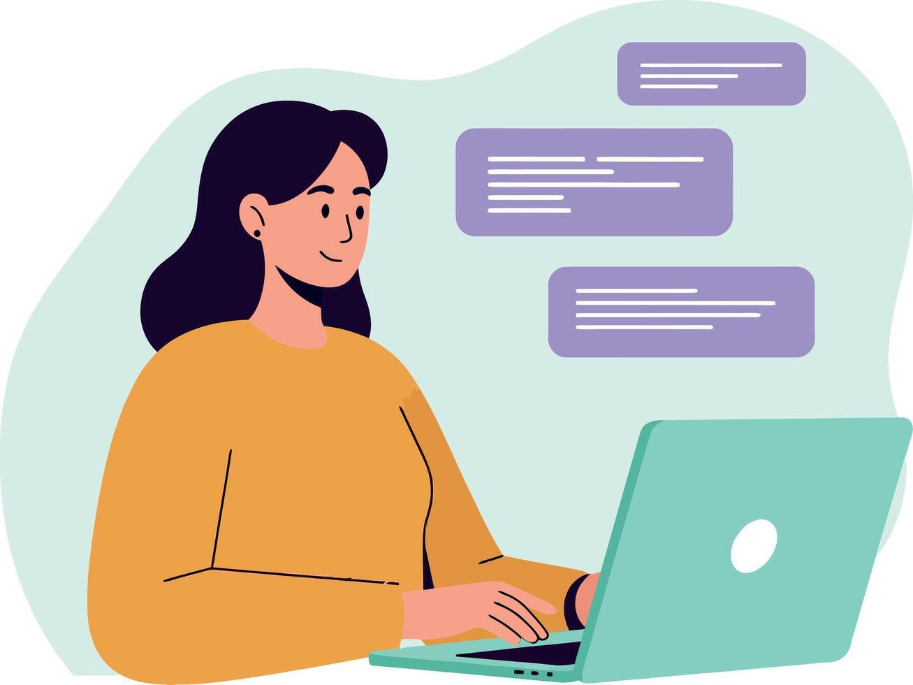 Woman working on laptop typing with chat messages in flat minimalist style illustration vector