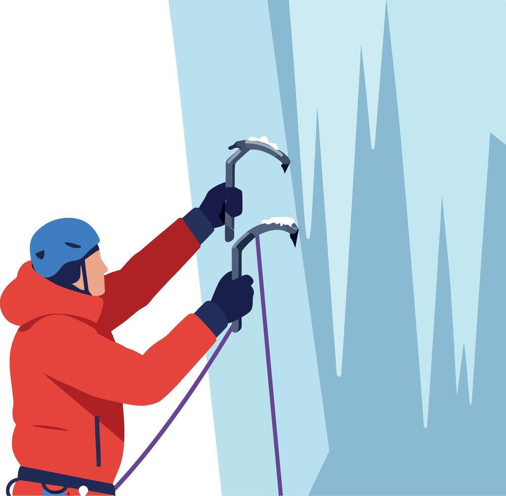 Ice climber ascending frozen cliff with ice axes and safety gear illustration vector