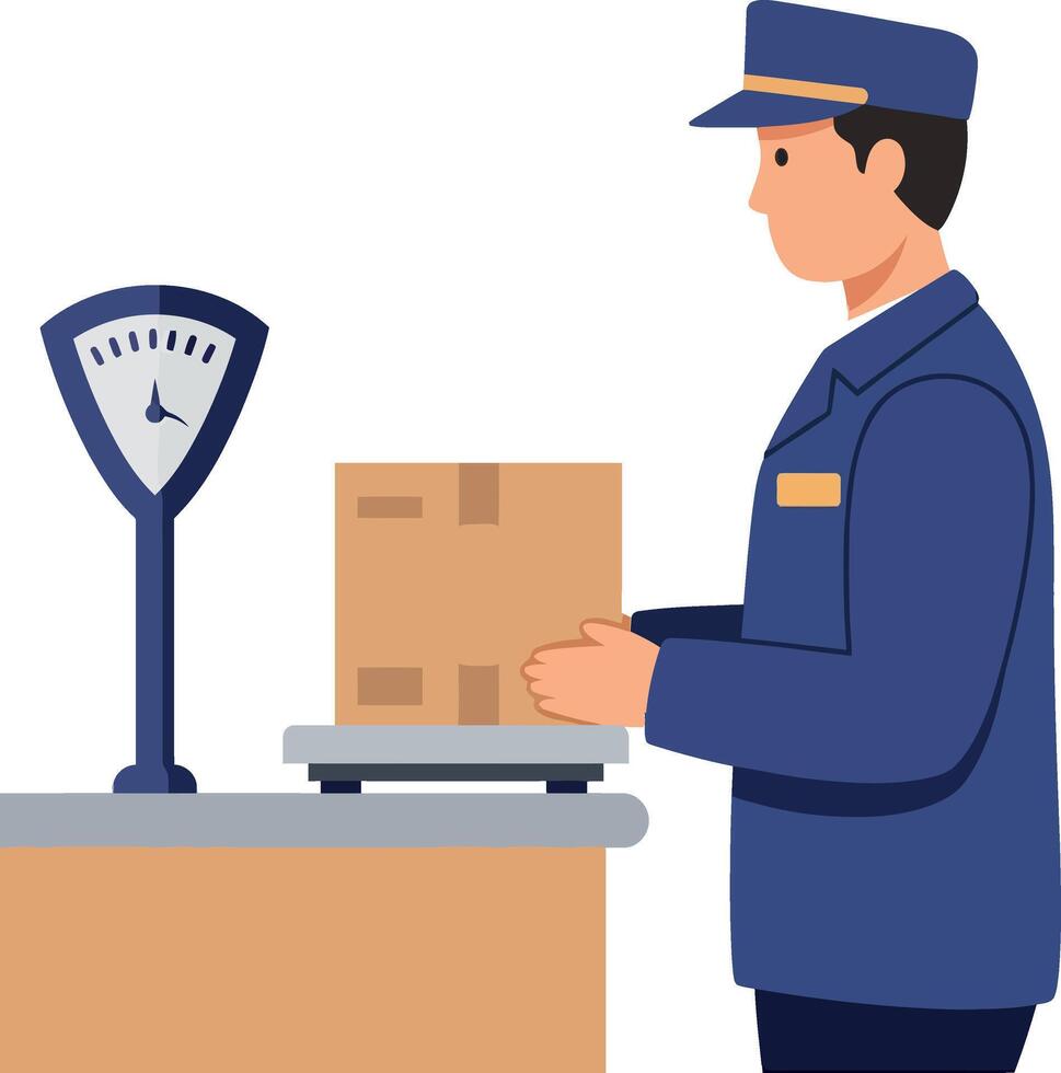 Delivery worker weighing parcel on scale in uniform illustration vector