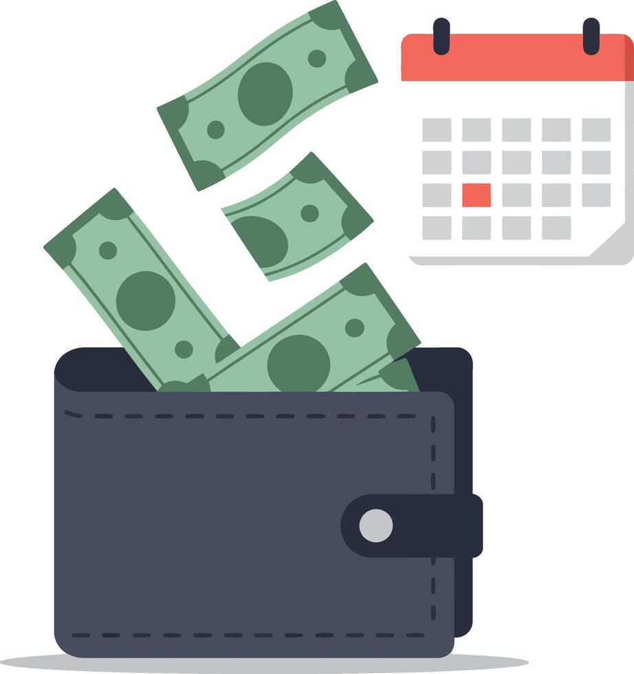 Black wallet with green bills and red marked calendar flat design financial planning illustration vector