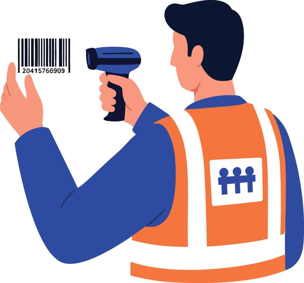 Warehouse worker scanning barcode with handheld scanner in safety vest illustration vector