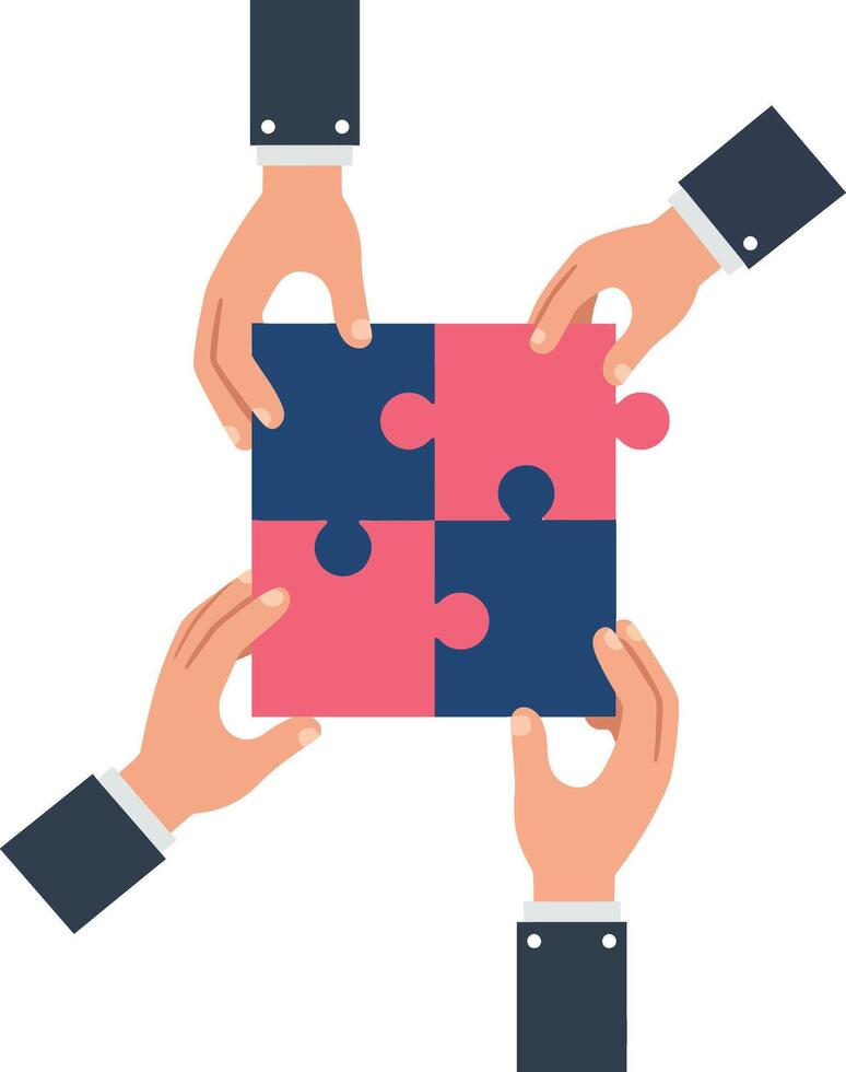 Hands assembling red and blue puzzle pieces teamwork collaboration flat design illustration vector