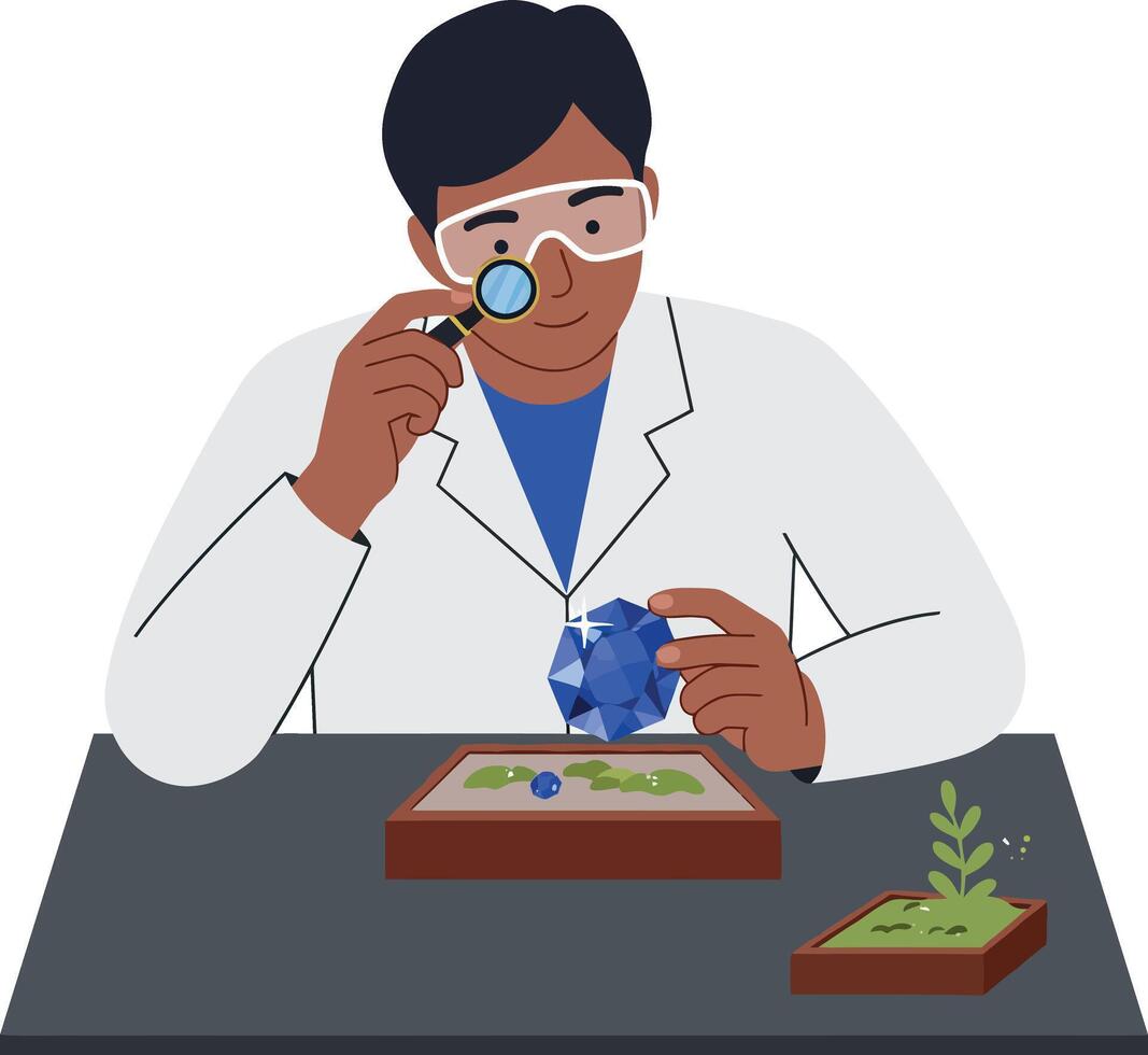 Scientist examining blue crystal with magnifying glass in laboratory illustration vector