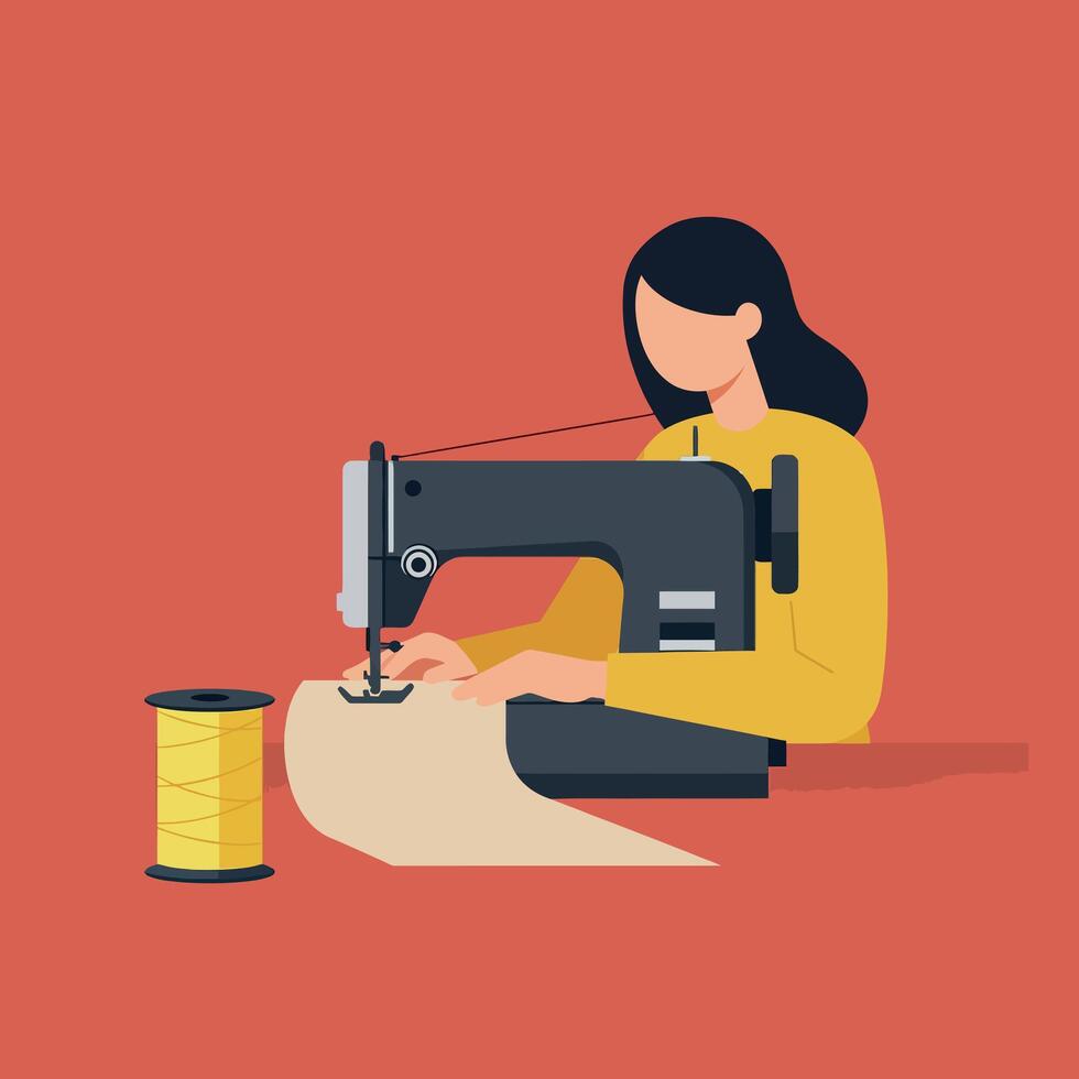 Woman using sewing machine with yellow thread on warm orange background illustration vector