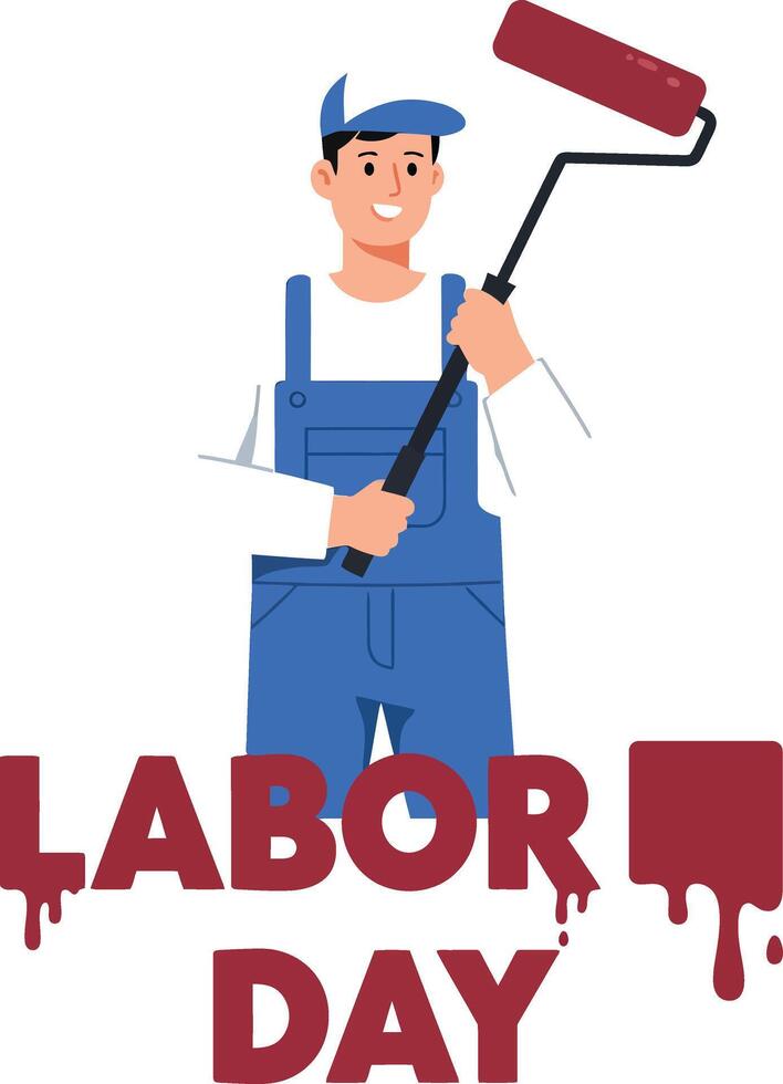 Painter man holding roller brush Labor Day celebration illustration with red paint vector