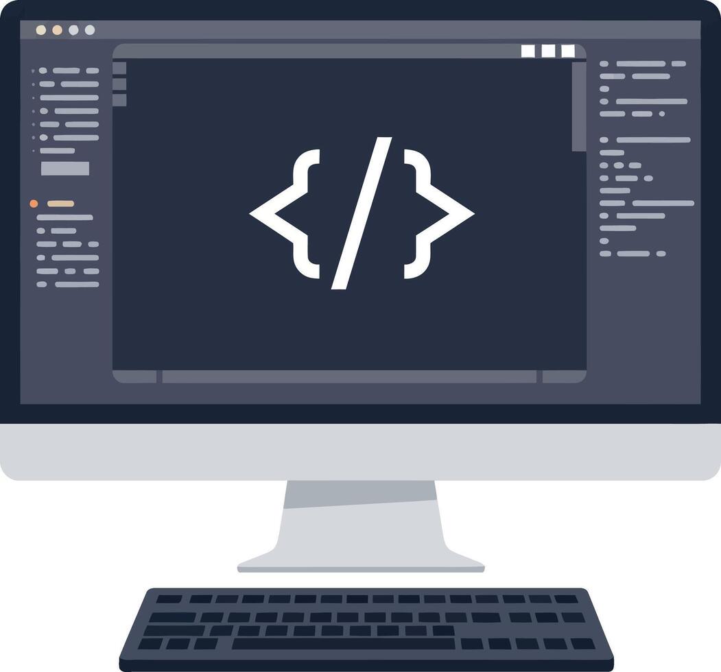 Desktop computer with coding screen showing brackets symbols in minimal flat design illustration vector