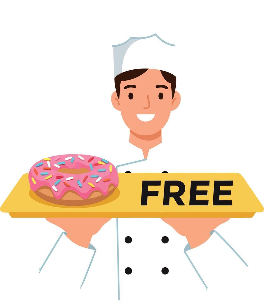 Chef holding tray with free pink frosted doughnut and sprinkles illustration vector