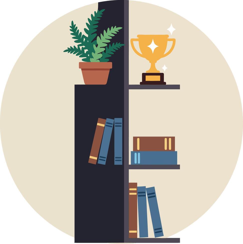 Modern bookshelf with potted plant, trophy, and colorful books in flat minimal illustration vector