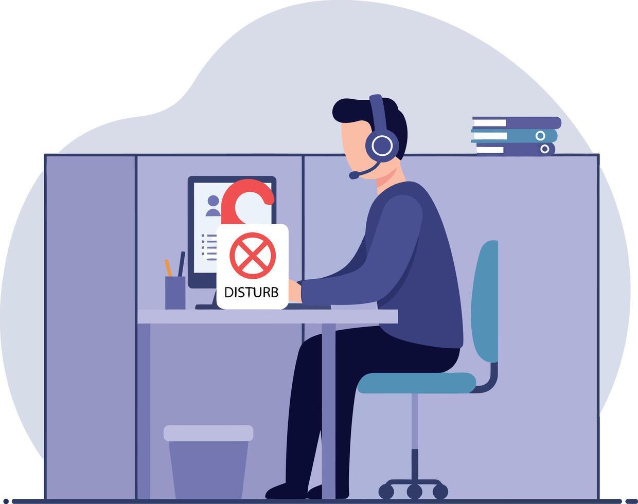 Male customer support agent wearing headset working at office desk with Do Not Disturb sign flat illustration vector