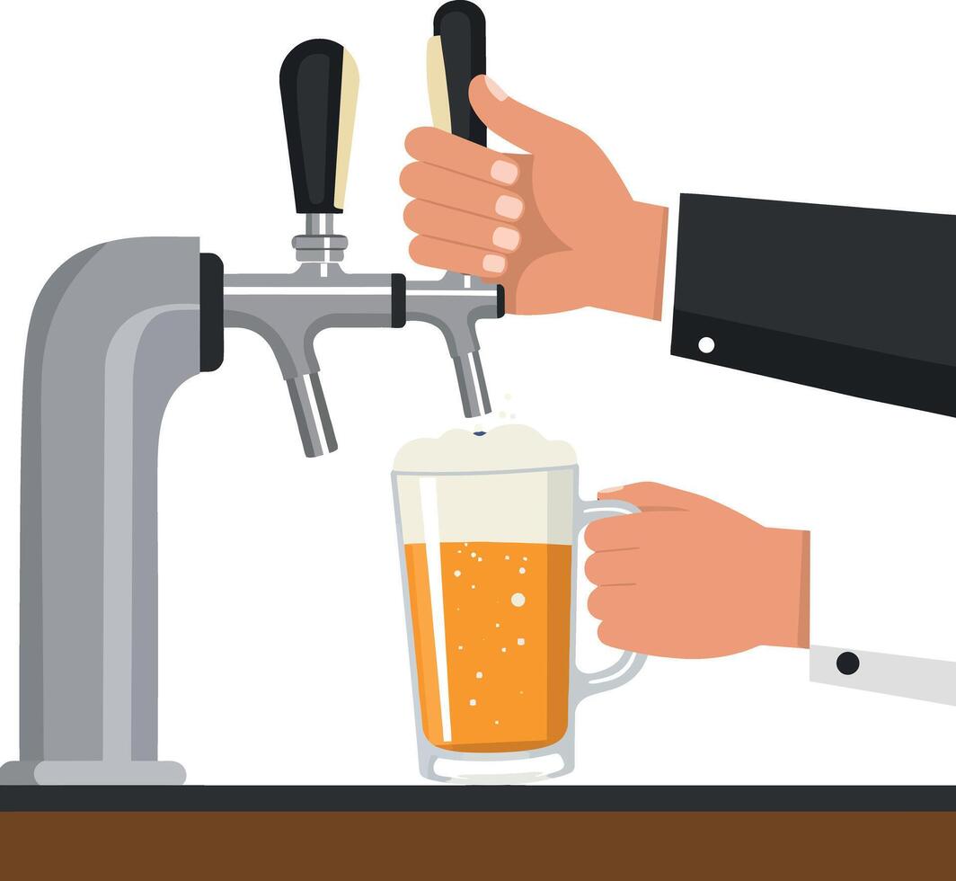 Beer pouring from tap into glass mug with human hands bar illustration vector