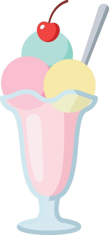 Three scoop pastel ice cream sundae with cherry on top in glass cup flat style illustration vector