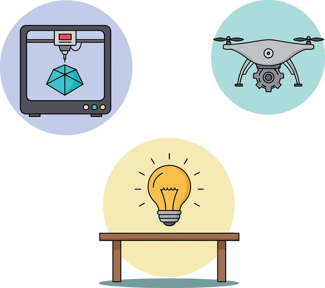3D printer creating geometric object drone with camera and glowing light bulb on wooden table minimal illustration vector