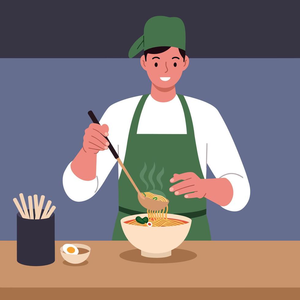 Cook preparing hot noodle soup with chopsticks in kitchen illustration vector