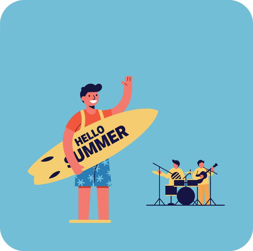Surfer holding yellow surfboard with hello summer text and band playing on blue background illustration vector
