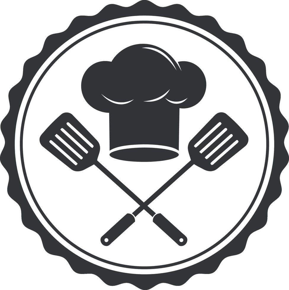 Chef hat and crossed spatulas emblem in simple black and white flat design art vector